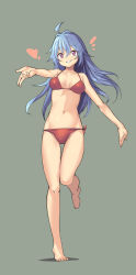 Rule 34 | + +, 1girl, ^^^, ahoge, bare legs, barefoot, bikini, blue hair, breasts, full body, grey background, grin, hair between eyes, heart, highres, long hair, medium breasts, navel, outstretched arms, outstretched hand, purple eyes, red bikini, saiste, simple background, smile, solo, standing, standing on one leg, swimsuit, symbol-shaped pupils