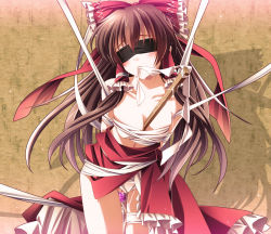 Rule 34 | 1girl, bare shoulders, bdsm, between breasts, blindfold, blush, bondage, bound, bow, breasts, brown hair, cleavage, female focus, gohei, hair bow, hair tubes, hakurei reimu, highres, long hair, monety, mouth hold, panties, pussy juice, sex toy, solo, touhou, underwear, white panties