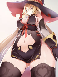 Rule 34 | 1girl, blonde hair, breasts, cleavage, gloves, hat, large breasts, long hair, nijisanji, nui sociere, nui sociere (1st costume), solo, stomach, thighhighs, torn clothes, virtual youtuber, witch hat, yellow eyes, yoichi (nijie)