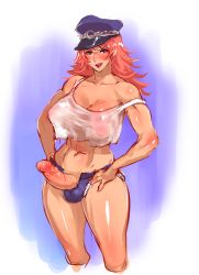 Rule 34 | 1futa, abs, bad id, bad pixiv id, blouse, blue hat, blue shorts, body blush, breasts, capcom, cleavage, cutoffs, denim, denim shorts, erection, final fight, futanari, hair between eyes, hands on own hips, hat, highres, huge breasts, large breasts, large penis, long hair, looking at viewer, micro shorts, midriff, nbo, newhalf, open mouth, peaked cap, penis, pink hair, poison (final fight), see-through, shirt, short shorts, shorts, sleeveless, sleeveless shirt, solo, street fighter, tank top, toned, tongue, uncensored, white shirt