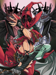 Rule 34 | 1girl, absurdres, angel wings, black hair, breasts, cleavage, dong hole, electric guitar, fingerless gloves, gloves, green-tinted eyewear, green-tinted glasses, guilty gear, guilty gear strive, guitar, hat, highres, i-no, instrument, jacket, red headwear, red jacket, short hair, showgirl skirt, sunglasses, tinted eyewear, wings, witch hat