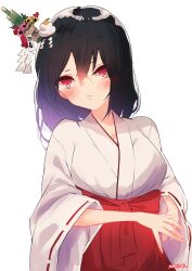 Rule 34 | 1girl, absurdres, alternate costume, black hair, breasts, hakama, headgear, highres, japanese clothes, kadomatsu, kagami mochi, kantai collection, large breasts, miko, momimaki, red eyes, red hakama, ribbon-trimmed sleeves, ribbon trim, short hair, simple background, solo, white background, wide sleeves, yamashiro (kancolle)