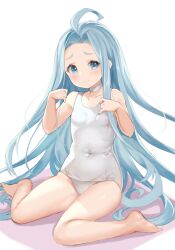Rule 34 | 1girl, ahoge, blue eyes, blue hair, breasts, choker, commentary request, forehead, granblue fantasy, highres, long hair, lyria (granblue fantasy), m-eine, one-piece swimsuit, school swimsuit, simple background, sitting, small breasts, smile, solo, swimsuit, wariza, white background, white choker, white one-piece swimsuit