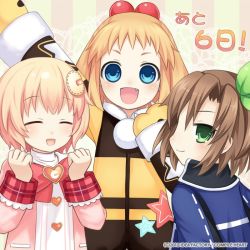 Rule 34 | 3girls, blonde hair, blue eyes, blush, bow, brown hair, child, compa, company name, fang, female focus, green eyes, hair bow, hair ornament, hairband, if (neptunia), long hair, looking at viewer, multiple girls, neptune (series), official art, open mouth, pish, ribbon, short hair, smile, sweater, aged down