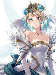Rule 34 | 1girl, absurdres, artist name, bare shoulders, blonde hair, blue hair, breasts, bridal gauntlets, bridal veil, bride, bride (fire emblem), clear glass (mildmild1311), collarbone, crown, dress, elbow gloves, feather trim, fire emblem, fire emblem heroes, fjorm (fire emblem), flower, frills, gloves, gradient hair, hair flower, hair ornament, highres, looking at viewer, multicolored hair, nintendo, short hair, signature, simple background, small breasts, smile, solo, strapless, strapless dress, twitter username, upper body, veil, wedding dress, white background, white dress, white gloves