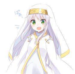 Rule 34 | 1girl, :d, floating hair, green eyes, hair between eyes, index (toaru majutsu no index), long hair, nemu mohu, nun, open mouth, safety pin, silver hair, simple background, smile, solo, standing, toaru majutsu no index, veil, very long hair, white background