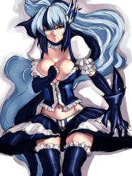 Rule 34 | 1girl, blue hair, blue thighhighs, breasts, choker, cleavage, corset, elbow gloves, fingerless gloves, frills, fumio (rsqkr), gloves, grey eyes, large breasts, long hair, midriff, multicolored hair, sketch, solo, thighhighs, two-tone hair, very long hair, zettai ryouiki