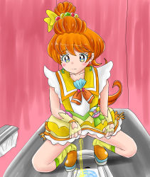 Rule 34 | 1girl, bathroom, blue eyes, blush, bow, brown hair, censored, collarbone, cure papaya, dress, earrings, fingerless gloves, gloves, hair bow, heart, heart in eye, highres, ichinose minori, jewelry, leg warmers, long hair, looking at viewer, mosaic censoring, no panties, orange footwear, peeing, ponytail, precure, pussy, shoes, sleeveless, sleeveless dress, smile, squat toilet, squatting, star (symbol), symbol in eye, toilet, toilet paper, toilet use, tropical-rouge! precure, umi (pixiv 998325), wall, yellow dress, yellow gloves