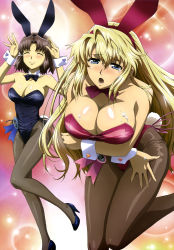 Rule 34 | 2girls, absurdres, animal ears, blonde hair, blue eyes, blush, bow, bowtie, breast hold, breasts, brown hair, chiffon fairchild, cleavage, detached collar, embarrassed, closed eyes, fake animal ears, freezing (series), hair ribbon, heart, high heels, highres, large breasts, legs, long hair, long legs, matsumoto fumio, multiple girls, non-web source, nyantype, official art, open mouth, pantyhose, playboy bunny, rabbit ears, rabbit tail, ribbon, satellizer el bridget, scan, smile, tail, tears, thighs, tress ribbon, very long hair, wrist cuffs