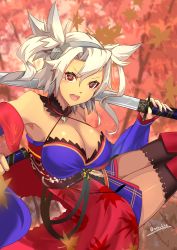 Rule 34 | 1girl, alternate costume, black thighhighs, breasts, commentary request, cosplay, dark-skinned female, dark skin, fate/grand order, fate (series), japanese clothes, kantai collection, katana, kimono, large breasts, long hair, looking at viewer, miyamoto musashi (fate), miyamoto musashi (fate) (cosplay), miyamoto musashi (third ascension) (fate), musashi (kancolle), name connection, pointy hair, red eyes, sakuhiko, sheath, solo, sword, teeth, thighhighs, two side up, weapon