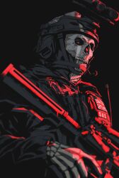 Rule 34 | 1boy, aleksandra skiba, assault rifle, black gloves, black jacket, call of duty, call of duty: modern warfare 2, ghost (modern warfare 2), gloves, gun, helmet, highres, holding, holding gun, holding weapon, jacket, m4 carbine, male focus, mask, night vision device, rifle, skull mask, solo, twitter username, upper body, weapon