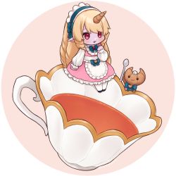 Rule 34 | 1girl, 7mb yut, apron, blonde hair, blue bow, blue bowtie, bow, bowtie, brown background, cafe cuties soraka, chibi, croissant, cup, dress, drill hair, food, frilled apron, frills, hair bow, horns, league of legends, long hair, long sleeves, lowres, maid, maid headdress, pantyhose, pink dress, red eyes, single horn, solo, soraka (league of legends), twin drills, waist apron, white apron, white background