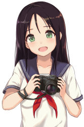 Rule 34 | 1girl, black hair, blush, camera, canon (company), collarbone, commentary, green eyes, hair between eyes, highres, holding, holding camera, itachi kanade, long hair, looking at viewer, neckerchief, open mouth, original, school uniform, serafuku, simple background, smile, solo, uniform, white background