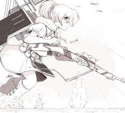 Rule 34 | 1girl, aircraft, airplane, ammunition pouch, belt, belt pouch, bolt action, breasts, casing ejection, commentary, cross-laced footwear, feet out of frame, flight deck, from side, greyscale, gun, gun sling, holding, holding gun, holding weapon, intrepid (kancolle), kantai collection, large breasts, m1903 springfield, miniskirt, monochrome, neck pillow, neckerchief, ponytail, pouch, raps (yohomeboyraps), rifle, rigging, shell casing, short hair, signature, skirt, solo, splashing, standing, standing on liquid, under fire, utility belt, water, weapon