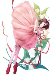 Rule 34 | 1girl, brown eyes, brown hair, choker, dress, flower, full body, kneehighs, lily of the valley, mary janes, pink dress, puffy sleeves, reala (tales), shion (kizuro), shoes, short hair, smile, socks, solo, tales of (series), tales of destiny 2, white background, white socks