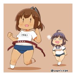 Rule 34 | 10s, 2girls, breasts, breath, brown hair, buruma, capriccyo, chibi, gym uniform, hair flaps, i-401 (kancolle), kantai collection, long hair, low twintails, multiple girls, one-piece swimsuit, one-piece tan, open mouth, ponytail, purple hair, racing, running, school swimsuit, shirt, short hair, short ponytail, smile, sweat, swimsuit, swimsuit under clothes, taigei (kancolle), tan, tanline, twintails, twitter username