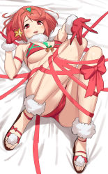 Rule 34 | 1girl, absurdres, bikini, breasts, christmas, gloves, green322, highres, jewelry, large breasts, pyra (xenoblade), red eyes, ribbon, short hair, solo, swimsuit, white background, xenoblade chronicles (series), xenoblade chronicles 2
