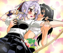 Rule 34 | 2girls, akira (umihan), archery, archery gloves, arm grab, armpits, arrow (projectile), bandages, black hair, blush, bow (weapon), grabbing another&#039;s breast, breasts, brown eyes, female focus, from behind, gloves, grabbing, heart, heart background, kyuudou, long hair, multiple girls, muneate, navel, open mouth, original, partially fingerless gloves, partly fingerless gloves, ponytail, purple hair, red eyes, sarashi, short hair, sweat, weapon, x-ray, yugake, yuri