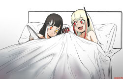 Rule 34 | 2girls, black hair, blanket, blonde hair, closed mouth, dated, fang, girls&#039; frontline, headgear, heterochromia, highres, lifting covers, long hair, looking at another, lying, m4 sopmod ii (girls&#039; frontline), multicolored hair, multiple girls, on bed, open mouth, pillow, radish p, red eyes, red hair, ro635 (girls&#039; frontline), streaked hair, under covers, white hair, yellow eyes