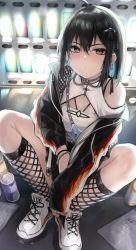 Rule 34 | 1girl, absurdres, ahoge, artist name, black bow, black hair, black jacket, black skirt, blue hair, bow, bracelet, breasts, brown eyes, can, chain, closed mouth, clothing cutout, colored inner hair, commentary, cross, cross earrings, earrings, english commentary, fishnet socks, fishnets, full body, hair between eyes, hair bow, highres, irene (kanniiepan), jacket, jewelry, kanniiepan, kneehighs, long sleeves, looking at viewer, medium hair, mismatched earrings, mole, mole under eye, multicolored hair, necklace, off shoulder, open clothes, open jacket, original, ring, shirt, shoes, shoulder cutout, sidelocks, skirt, socks, solo, squatting, two-tone hair, white footwear, white shirt, wristband