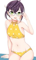 Rule 34 | 1girl, adjusting eyewear, bare arms, bare shoulders, bikini, collarbone, commentary request, cowboy shot, glasses, green eyes, hair ornament, hairclip, hand on eyewear, highres, kantai collection, kumadano, looking at viewer, navel, official alternate costume, okinami (kancolle), open mouth, polka dot, purple hair, short hair, simple background, smile, solo, swimsuit, white background