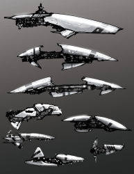 Rule 34 | baranha, battleship, battleship (eve online), commentary, concept art, eve online, from side, glowing, gradient background, grey background, greyscale, highres, machinery, military, military vehicle, monochrome, no humans, original, science fiction, ship, simple background, space ship, spacecraft, spaceship, vehicle focus, warship, watercraft