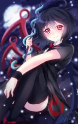 Rule 34 | 1girl, asymmetrical wings, bad id, bad twitter id, black dress, black hair, black thighhighs, blush, bow, dress, houjuu nue, light particles, looking at viewer, mikazuki sara, polearm, red eyes, short hair, short sleeves, smile, snake, solo, thighhighs, touhou, trident, weapon, wings, wrist cuffs