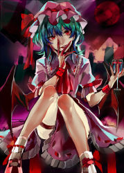 Rule 34 | 1girl, alcohol, ascot, bat wings, blood, blood on hands, blue hair, bow, cup, dress, drinking glass, frilled dress, frills, full moon, hat, hat ribbon, lips, loalo, mary janes, mob cap, moon, night, pink dress, red eyes, red moon, remilia scarlet, ribbon, shoes, short hair, sitting, smile, socks, solo, touhou, upskirt, white socks, wine, wine glass, wings, wrist cuffs