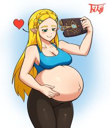 Rule 34 | 1girl, absurdres, big belly, blue background, breasts, cleavage, collarbone, cowboy shot, female focus, gradient background, green eyes, hand on stomach, heart, highres, large breasts, long hair, navel, nintendo, pants, pregnant, princess zelda, selfie, shiny clothes, simple background, solo, spoken heart, sports bra, standing, tagme, the legend of zelda, the legend of zelda: breath of the wild, thick thighs, thighs, tsukijitums, white background, yoga pants