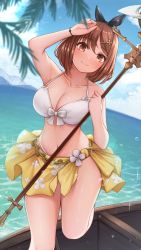 Rule 34 | 1girl, atelier (series), atelier ryza, atelier ryza 1, bad id, bad twitter id, bikini, black ribbon, blue sky, blush, boat, breasts, brown eyes, brown hair, cleavage, cloud, commentary request, curvy, day, dutch angle, feet out of frame, hair ribbon, halterneck, highres, holding, holding staff, kannko bokujou, large breasts, looking at viewer, mountainous horizon, navel, ocean, palms, reisalin stout, revision, ribbon, sarong, short hair, sky, smile, solo, staff, standing, string bikini, swimsuit, thighs, watercraft, white bikini, wide hips