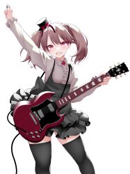Rule 34 | 1girl, :d, arm up, black hat, black skirt, black thighhighs, brown eyes, brown hair, collared shirt, electric guitar, feet out of frame, frilled skirt, frills, gibson sg, guitar, hat, highres, holding, holding instrument, instrument, kantai collection, kirigakure (kirigakure tantei jimusho), long hair, long sleeves, magatama, mini hat, mini top hat, open mouth, ryuujou (kancolle), shirt, simple background, skirt, smile, solo, thighhighs, top hat, twintails, white background, white shirt