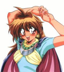 Rule 34 | 1990s (style), 1girl, :d, araizumi rui, blush, brown eyes, brown hair, collar, earrings, jewelry, lina inverse, necklace, open mouth, pearl necklace, retro artstyle, short sleeves, simple background, slayers, smile, solo, stretching, white background