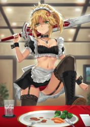 Rule 34 | 1girl, alternate costume, anger vein, blonde hair, boots, braid, breasts, clarent (fate), cleavage, collar, crop top, cross-laced footwear, cup, enmaided, fate/apocrypha, fate (series), food, french braid, frills, green eyes, hair ornament, hair scrunchie, highres, jewelry, lace-up boots, long hair, looking at viewer, maid, maid headdress, mordred (fate), mordred (fate/apocrypha), necklace, panties, parted bangs, plate, ponytail, puffy short sleeves, puffy sleeves, red panties, scrunchie, shaded face, short sleeves, sidelocks, small breasts, solo, sword, table, tonee, underwear, weapon