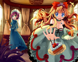 Rule 34 | 2girls, :o, ^^^, blonde hair, blue eyes, bow, breasts, cake, choker, cleavage, dress, drink, drinking straw, fingernails, food, green eyes, hair bow, highres, hoshi no gen, jewelry, large breasts, maid, maid headdress, medium breasts, multiple girls, necklace, no nose, open mouth, original, purple hair, teardrop, tears, tripping