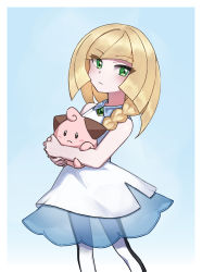 Rule 34 | 1girl, absurdres, aged down, azuuart, bare arms, blonde hair, blunt bangs, blush, braid, cleffa, closed mouth, collared dress, commentary request, creatures (company), dress, eyelashes, game freak, gem, gen 2 pokemon, green eyes, green gemstone, highres, holding, holding pokemon, long hair, lusamine (pokemon), nintendo, pantyhose, pokemon, pokemon (creature), pokemon sm, see-through, sleeveless, white dress, white pantyhose