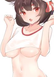 Rule 34 | 1girl, animal ears, azur lane, black hair, breasts, cat ears, crop top, dh-zone, fang, hair between eyes, hair ribbon, highres, large breasts, looking at viewer, navel, no bra, open mouth, red eyes, ribbon, see-through, shirt, short eyebrows, short hair, short sleeves, simple background, skin fang, solo, stomach, underboob, upper body, wet, wet clothes, white background, white shirt, yamashiro (azur lane)