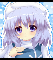 Rule 34 | 1girl, bad id, bad pixiv id, blue eyes, blue hair, female focus, hat, letterboxed, letty whiterock, matching hair/eyes, scarf, shinekalta, short hair, smile, solo, touhou, upper body, white scarf