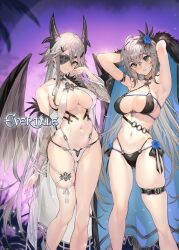 Rule 34 | 2girls, ahoge, armpits, arms up, bare shoulders, bikini, black bikini, blush, breasts, cape, cleavage, commentary request, copyright name, evertale, eyepatch, feather trim, feathered wings, fur trim, green eyes, grey hair, hair ornament, halterneck, highres, holding, jeanne d&#039;arc (evertale), kakage, large breasts, logo, long hair, low wings, mikaela (evertale), multiple girls, navel, o-ring, official art, open mouth, see-through, smile, stomach, swimsuit, thigh strap, thighs, twintails, white bikini, wings