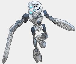 Rule 34 | absurdres, artist name, bionicle, blue eyes, commentary, english commentary, from above, glowing, glowing eyes, grey background, highres, kanohi (bionicle), kopaka (bionicle), kreuzer 00, looking up, mask, shield, simple background, sword, the lego group, weapon