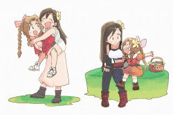 Rule 34 | 2girls, aerith gainsborough, age comparison, aged down, black gloves, black hair, black skirt, black thighhighs, boots, bow, braid, brown footwear, brown hair, carrying, child, choker, cropped jacket, dress, eye contact, final fantasy, final fantasy vii, flower, gloves, hair bow, hair flower, hair ornament, jacket, long dress, long hair, looking at another, multiple girls, orange dress, piggyback, pink bow, pink choker, pink dress, puffy short sleeves, puffy sleeves, red jacket, shirt, shoes, short sleeves, single braid, skirt, smile, standing, suspender skirt, suspenders, thighhighs, tifa lockhart, tsubobot, white background, white dress