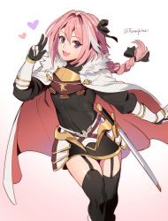 Rule 34 | 1boy, astolfo (fate), black bow, black neckwear, black thighhighs, bow, braid, cape, crown, eyes visible through hair, fate/apocrypha, fate/grand order, fate (series), foxvulpine, fur trim, garter straps, gauntlets, hair bow, happy, heart, highres, long hair, looking at viewer, male focus, mini crown, multicolored hair, open mouth, pink hair, purple eyes, red cape, single braid, smile, solo, streaked hair, thighhighs, trap, weapon, white hair