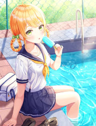 Rule 34 | 1girl, blonde hair, blue sailor collar, blue skirt, blush, bow, braid, braided hair rings, brown footwear, chain-link fence, commentary request, day, fence, food, funii, green bow, green eyes, green nails, hair bow, hair rings, holding, holding food, loafers, long hair, looking at viewer, looking to the side, midriff peek, nail polish, neckerchief, original, outdoors, parted lips, pleated skirt, pool, pool ladder, poolside, popsicle, sailor collar, school uniform, serafuku, shirt, shoes, unworn shoes, short sleeves, skirt, soaking feet, solo, sunlight, twin braids, white shirt, yellow neckerchief