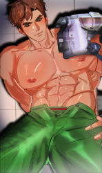 Rule 34 | 1boy, abs, alex (stardew valley), alternate pectoral size, bara, brown hair, clothes pull, green eyes, green male underwear, green pants, highres, large pectorals, looking at viewer, male focus, male underwear, male underwear peek, muscular, muscular male, navel, nipples, open fly, pants, pants pull, pectorals, seductive smile, short hair, smile, sokkong (sokkongs2), solo, stardew valley, stomach, topless male, underwear