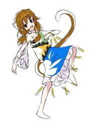 Rule 34 | 1girl, barefoot, blue dress, bracelet, brown hair, circlet, collarbone, detached sleeves, diamond cutout, dress, fensedekaoji, frilled dress, frills, full body, green dress, highres, jewelry, leaning back, leg up, long sleeves, looking at viewer, low twintails, medium hair, monkey tail, multicolored clothes, multicolored dress, open mouth, red eyes, ruyi jingu bang, short dress, single detached sleeve, single strap, smile, son biten, tail, touhou, twintails, unfinished dream of all living ghost, white background, white sleeves, wide sleeves, yellow dress