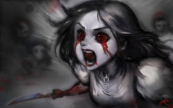 Rule 34 | 1girl, alice: madness returns, alice (alice in wonderland), alice liddell (american mcgee&#039;s alice), american mcgee&#039;s alice, blood, blood on face, blood on hands, bloody tears, dress, highres, jewelry, knife, long hair, open mouth, pale skin, phantom ix row, red eyes, shouting, solo
