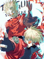 Rule 34 | 2boys, black gloves, blonde hair, blue eyes, character name, decided 218, dual persona, earrings, fingerless gloves, gloves, jewelry, multiple boys, open mouth, smile, sunglasses, trigun, v, vash the stampede