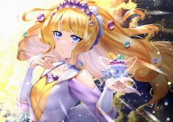 Rule 34 | 1girl, blonde hair, blue eyes, bridal gauntlets, choker, closed mouth, clothing cutout, collarbone, cure finale, curecycadura, delicious party precure, floating hair, highres, long hair, long sleeves, precure, shoulder cutout, smile, solo, upper body, very long hair, white choker