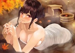 Rule 34 | 1girl, ass, bare shoulders, black hair, blurry, blush, breasts, brown hair, bucket, cleavage, closed mouth, commentary, depth of field, eyelashes, kneeling, large breasts, leaf, lips, looking at viewer, maple leaf, naked towel, onsen, original, own hands clasped, own hands together, partially submerged, red eyes, short hair, smile, solo, steam, takoneru, towel, wet