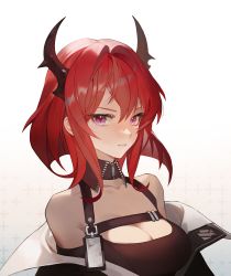 Rule 34 | 1girl, absurdres, arknights, bare shoulders, black dress, breasts, chest strap, cleavage, demon girl, demon horns, detached collar, dress, frown, hair intakes, hidikan, highres, horns, id card, looking at viewer, medium breasts, medium hair, off shoulder, purple eyes, red hair, simple background, slit pupils, solo, surtr (arknights), white background