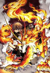 Rule 34 | 1boy, absurdres, black gloves, brown eyes, brown hair, clamp, fire, gloves, highres, huge filesize, male focus, official art, rayearth (character), short hair, solo, tsubasa chronicle, xiaolang